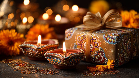 Beautiful diwali diya with burning candles on dark backgroundの素材