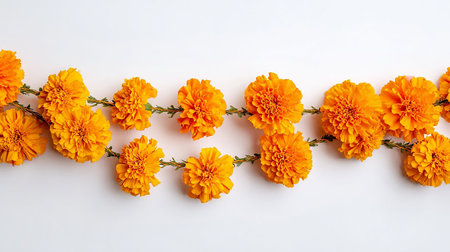 Orange marigold flowers on white background. Flat lay, top view.の素材
