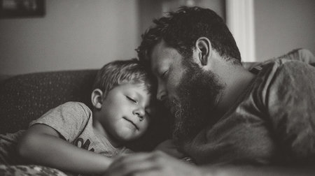 Father and son sleeping on sofa at home. Black and white photo.の素材