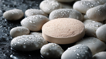 Spa stones with water drops on black background, closeup viewの素材