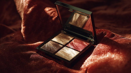 Cosmetic branding, mua and girly concept - Eyeshadow palette and make-up brush on red silk background,の素材