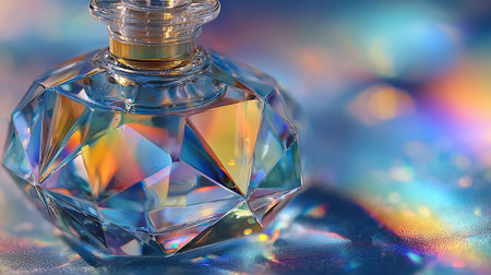bottle of perfume on a background of colored lights close-upの素材