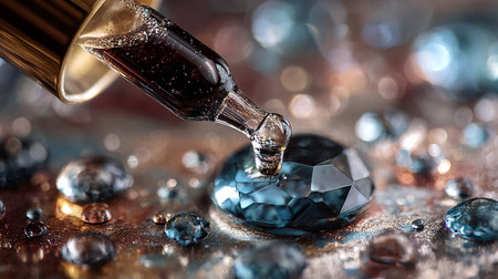 Pipette with a drop of essential oil on a background of blue water dropsの素材