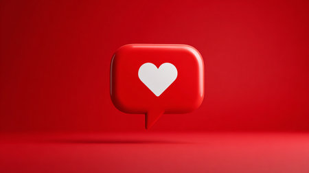 Red speech bubble with heart icon on red background. 3d renderingの素材