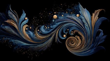 Abstract blue and gold background with swirls and spheres. Vector illustration.の素材