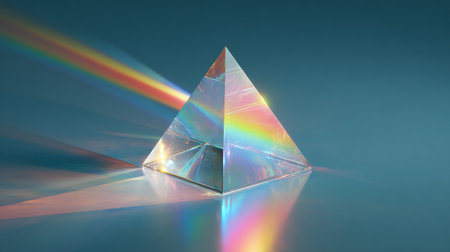 Crystal pyramid with rainbow reflection on blue background. 3D illustration.の素材