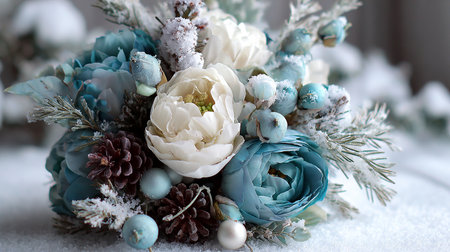 Wedding bouquet of blue and white peonies on the snowの素材