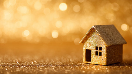 Miniature house on golden bokeh background. Christmas and New Year concept.の素材