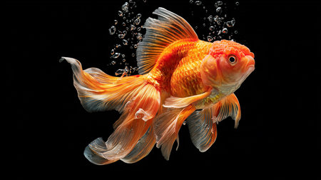goldfish in water isolated on black background, clipping path included.の素材