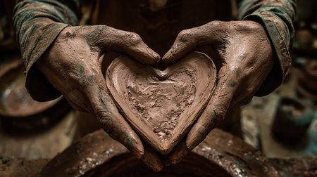 hands of a potter, creating a heart shape on a pottery wheelの素材
