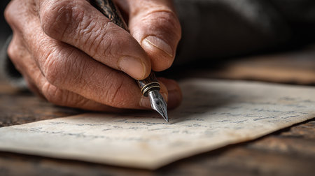 Old man writing a letter with a fountain pen on a wooden tableの素材