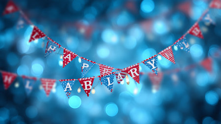 Bunting flags on bokeh background. 3d illustrationの素材