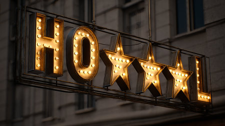 Illuminated hotel sign on the wall in Moscow, Russia.の素材