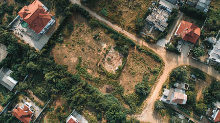 Aerial view of small village with small houses in countryside, Vietnamの素材