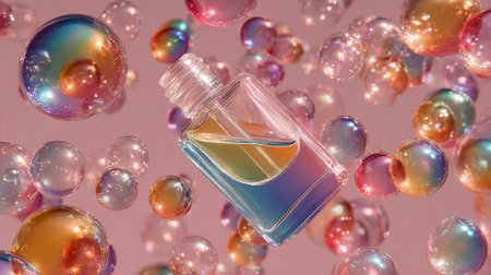 Perfume bottle on a background of soap bubbles. 3d renderingの素材
