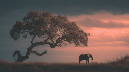 Elephant in the savanna with a tree in the background.の素材