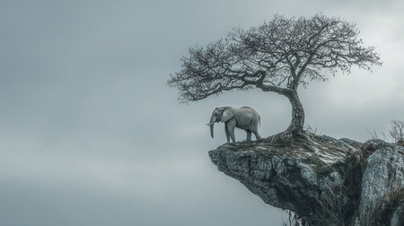 Elephant on a cliff with a tree in the background, 3d renderの素材