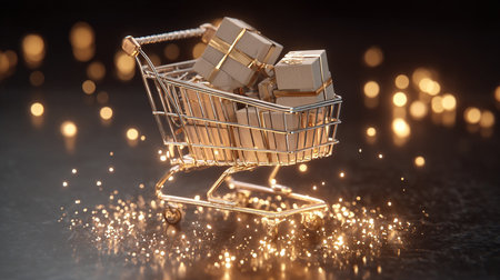 Shopping cart with gift boxes on dark background. 3d renderingの素材