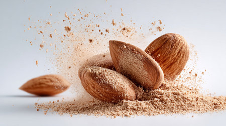 Almond flour on a white background. Nuts are scattered.の素材