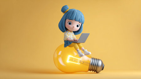 3d illustration of a cute cartoon girl with a big light bulbの素材