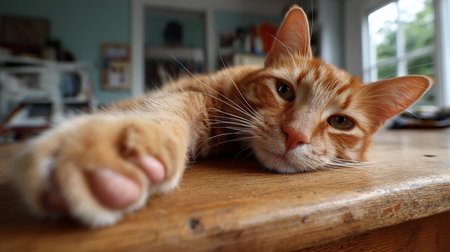ginger cat lying on the wooden table and looking at the cameraの素材