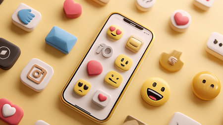 Smartphone with emoji on yellow background, closeup. Social media conceptの素材