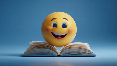 Smiling yellow emoticon in a book on a blue background.の素材