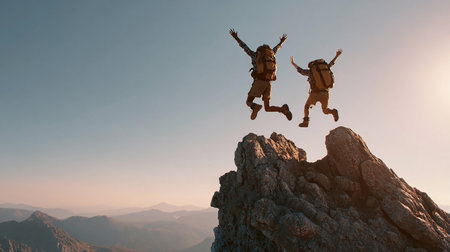 3d illustration of a group of friends jumping over a mountain peakの素材