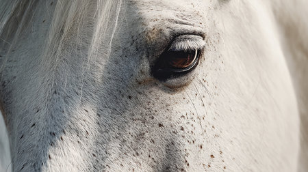 Close-up of the eye of a white horse in a fieldの素材