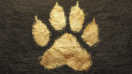 Golden paw print on black background. Dog or cat paw print.の素材