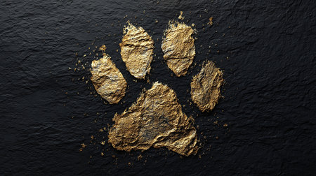 Golden paw print on black textured background. Top view of animal footprint.の素材