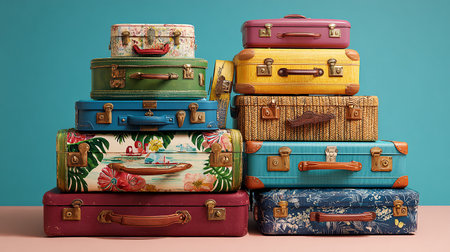 Pile of colorful travel suitcases on pink and blue background.の素材