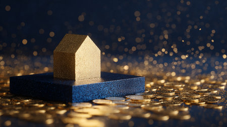 House model and gold coins on blue background. Real estate business concept.の素材