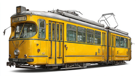 Old yellow tram on a white background. 3D illustration with clipping pathの素材