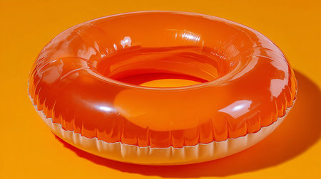 Orange inflatable ring on a bright orange background. Close-up.の素材