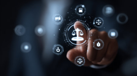 Businessman on blurred background using digital interface with law icons 3D renderingの素材