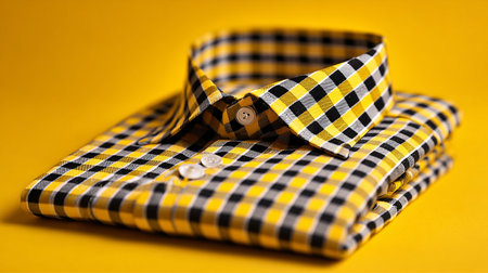Closeup of a checkered shirt on a yellow background.の素材