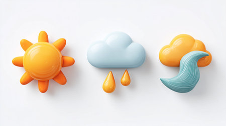 Clouds, sun and rain on white background. 3d renderingの素材