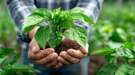 Hands of farmer holding green pepper seedling growing in the gardenの素材