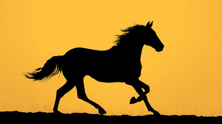 Silhouette of a horse galloping in the sunset light.の素材