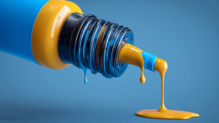 Pouring yellow nail polish on blue background. 3d rendering.の素材