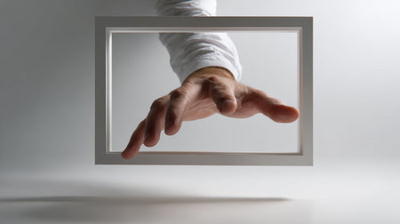 Hands of man holding a photo frame on a white background.の素材