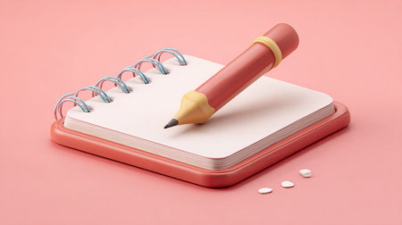 Notebook and pencil on a pink background. 3d rendering.の素材