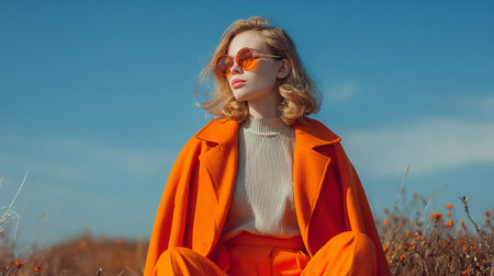 Beautiful girl in orange coat and sunglasses on blue sky background.の素材