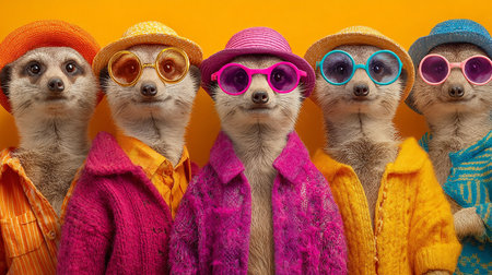 Group of funny meerkats in hats and scarves on orange backgroundの素材