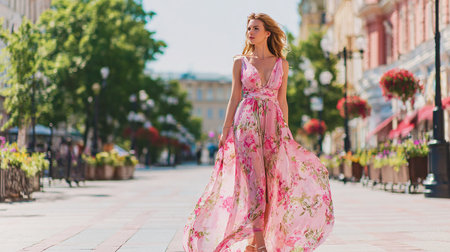Beautiful young woman in long pink dress walking in the city.の素材