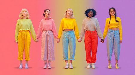 Multiethnic group of women standing in a row on multicolored backgroundの素材