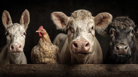 Group of cows and chicken in a wooden box on a dark backgroundの素材