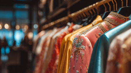 fashionable clothes on hangers in the store, close-upの素材