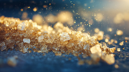 Close up of a pile of brown sugar crystals on a blue backgroundの素材